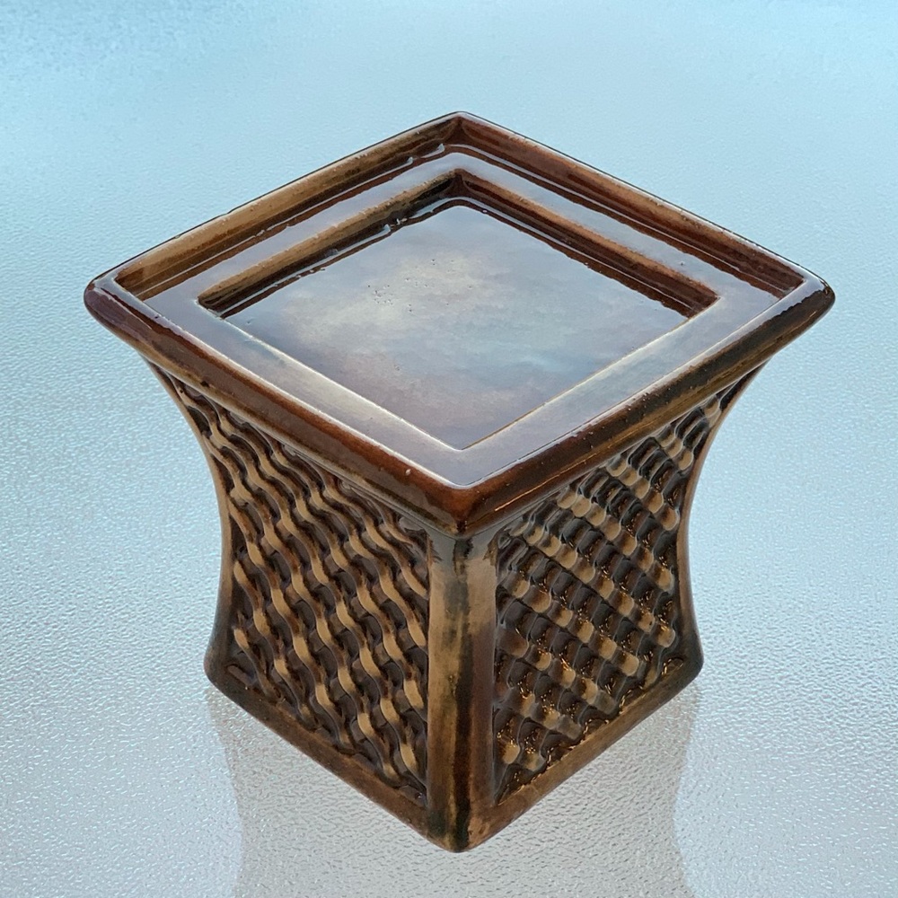 Brown Porcelain Ceramic Basket Pattern Square Pillar Candleholder ~ 4-1/2”
